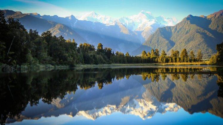 nature, Landscape, Trees, Forest, Hill, Mountain, Sky, New Zealand, Snowy Peak, Water, Lake, Mirrored, Reflection, Sunlight HD Wallpaper Desktop Background