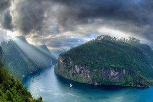 nature, Landscape, Geiranger, Fjord, Norway, Sun Rays, Mountain, Clouds, Cruise Ship, Cliff, Snowy Peak
