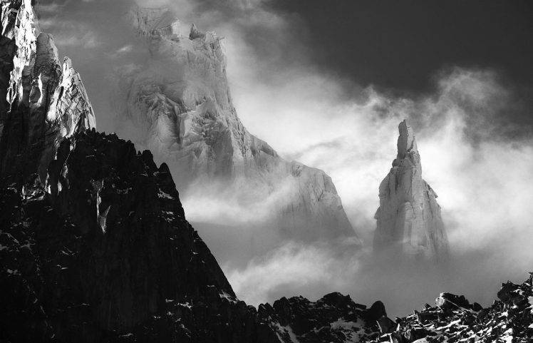 nature, Landscape, Mist, Mountain, Monochrome, Snow, Alps, Sunlight, Wind, France HD Wallpaper Desktop Background