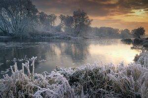 nature, Landscape, Winter, Sunset, River, Trees, Sky, Clouds, Snow, Frost, Shrubs, Cold, UK, Mist