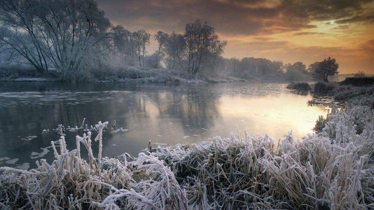 nature, Landscape, Winter, Sunset, River, Trees, Sky, Clouds, Snow, Frost, Shrubs, Cold, UK, Mist HD Wallpaper Desktop Background