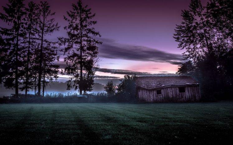 nature, Landscape, Hut, Trees, Mist, Grass, Old, Cottage, Sunset, Norway, Clouds HD Wallpaper Desktop Background