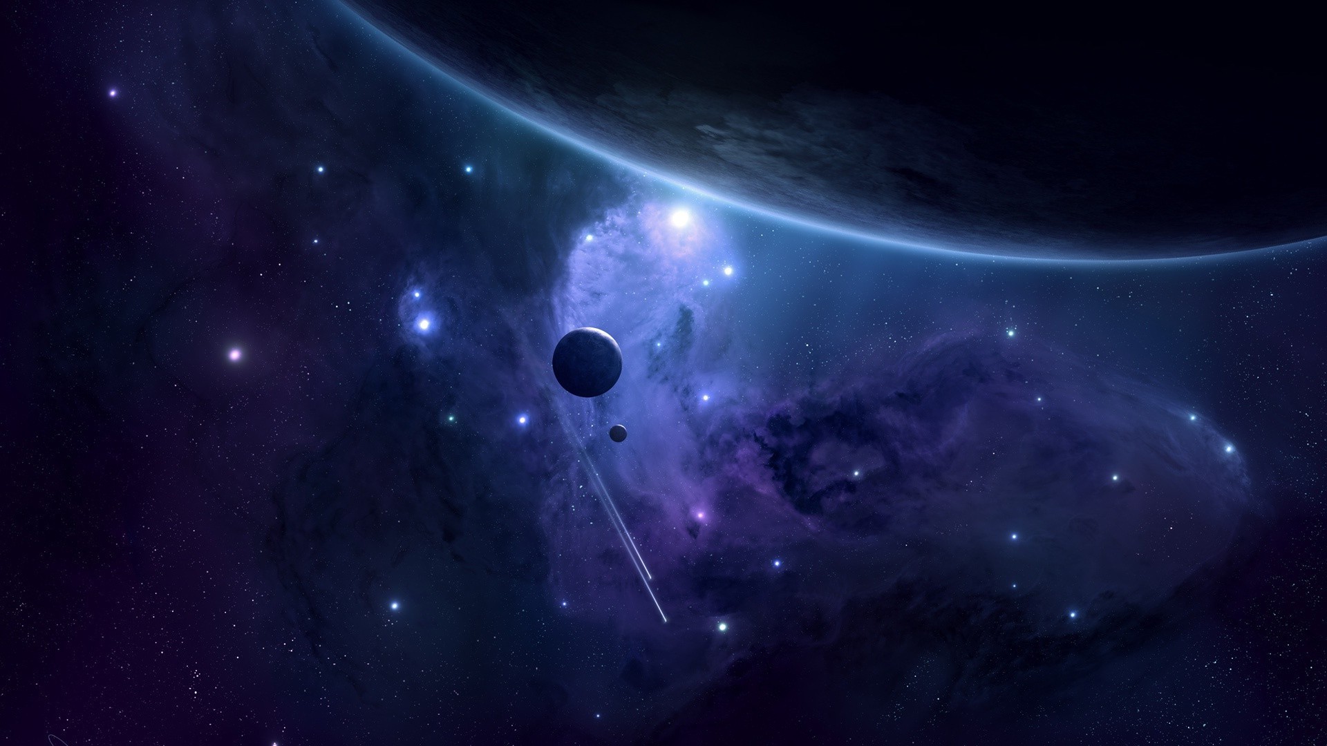 space, Planet, Moon, Render, Blue, Purple, Stars Wallpaper
