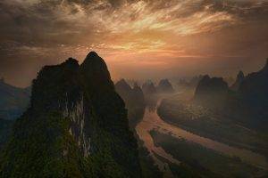 nature, Landscape, Sunrise, River, Mountain, Mist, Sky, Town, China, Clouds, Shrubs