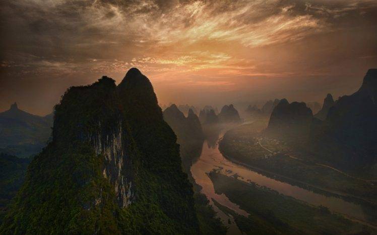 nature, Landscape, Sunrise, River, Mountain, Mist, Sky, Town, China, Clouds, Shrubs HD Wallpaper Desktop Background