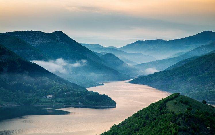 nature, Landscape, Mist, Sunrise, Lake, Dam, Mountain, Forest HD Wallpaper Desktop Background