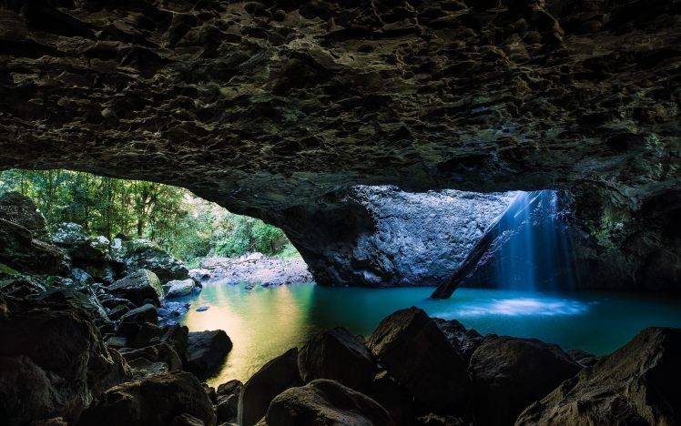 nature, Landscape, Pond, Cave, Waterfall, Trees, Rock, Australia HD Wallpaper Desktop Background