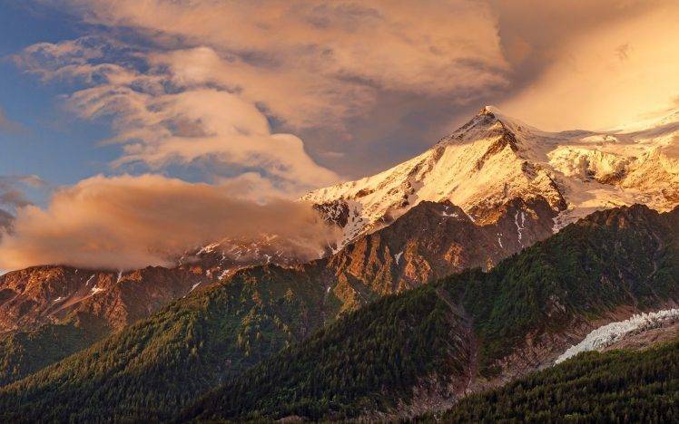 nature, Landscape, Alps, Sunset, Snowy Peak, France, Clouds, Summer, Mountain, Forest HD Wallpaper Desktop Background