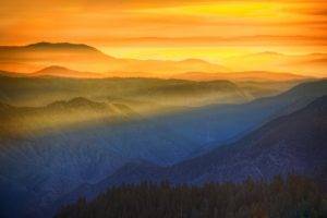 nature, Landscape, Sun Rays, Mist, Mountain, Forest, Yosemite National Park, Sky, Yellow, Sunset