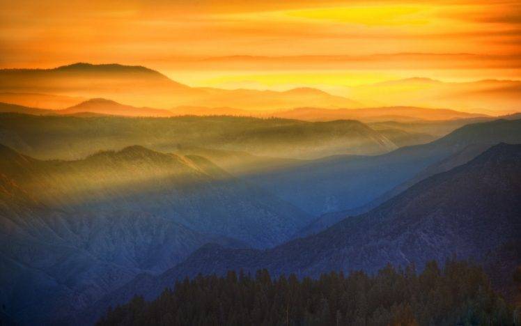nature, Landscape, Sun Rays, Mist, Mountain, Forest, Yosemite National Park, Sky, Yellow, Sunset HD Wallpaper Desktop Background