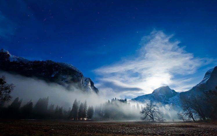 nature, Landscape, Stars, Sky, Moon, Mist, Snowy Peak, Trees, Moonlight, Clouds HD Wallpaper Desktop Background