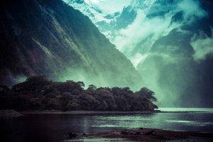 nature, Landscape, Trees, Mountain, Mist, Fjord, Snowy Peak, Rain, Clouds, Morning, Milford Sound, New Zealand