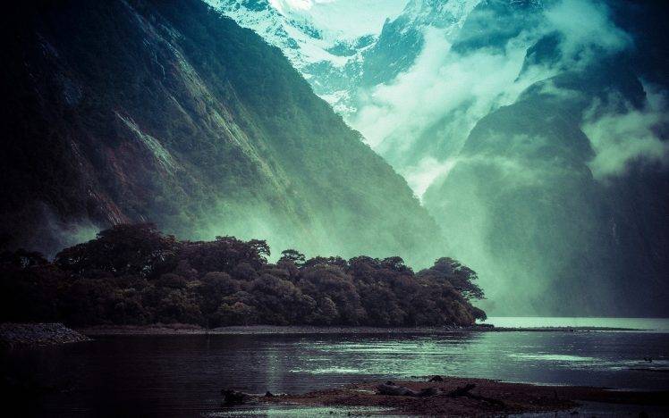 nature, Landscape, Trees, Mountain, Mist, Fjord, Snowy Peak, Rain, Clouds, Morning, Milford Sound, New Zealand HD Wallpaper Desktop Background