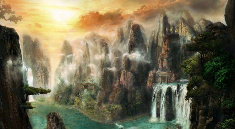 digital Art, Fantasy Art, Nature, Mountain, Landscape, Waterfall, Trees, Asian Architecture, River, Sun, Clouds, Mist HD Wallpaper Desktop Background