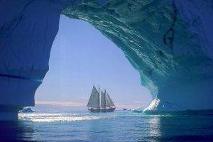 nature, Landscape, Iceberg, Sailboats, Sea, Cave, Ice, Sunlight, Greenland, Cold