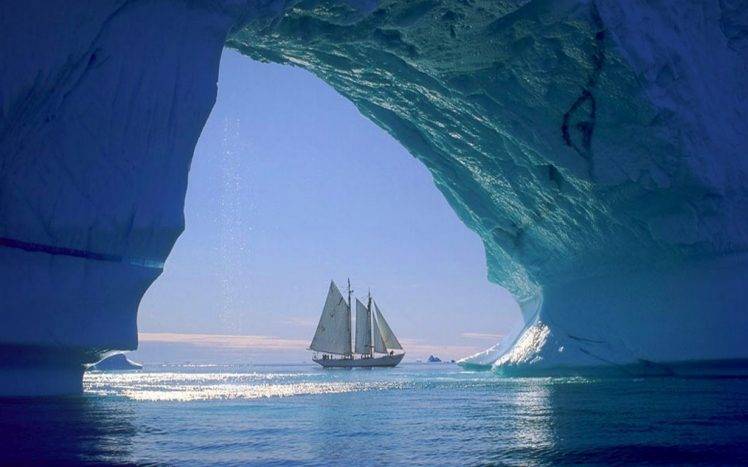 nature, Landscape, Iceberg, Sailboats, Sea, Cave, Ice, Sunlight, Greenland, Cold HD Wallpaper Desktop Background