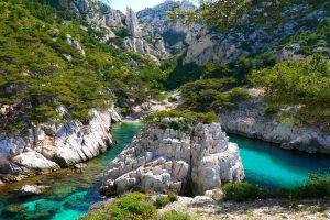 landscape, Nature, Coves, Beach, Trees, Mountain, Turquoise, Water, France, Limestone, Rock, Summer