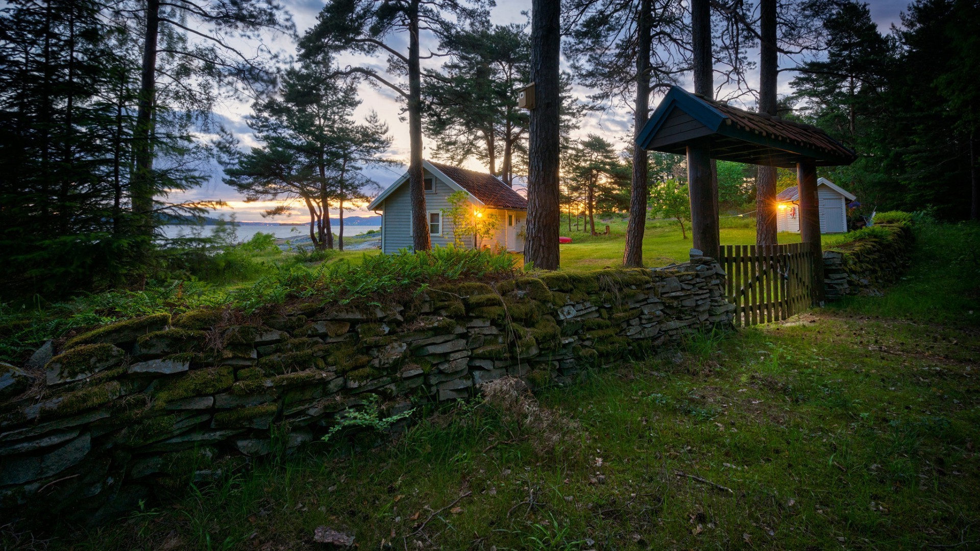 nature, Landscape, Trees, Forest, House, Hill, Field, Grass, Norway, Lights, Evening, Sunset, Clouds, Lake, Ferns, Pine Trees, Stones Wallpaper