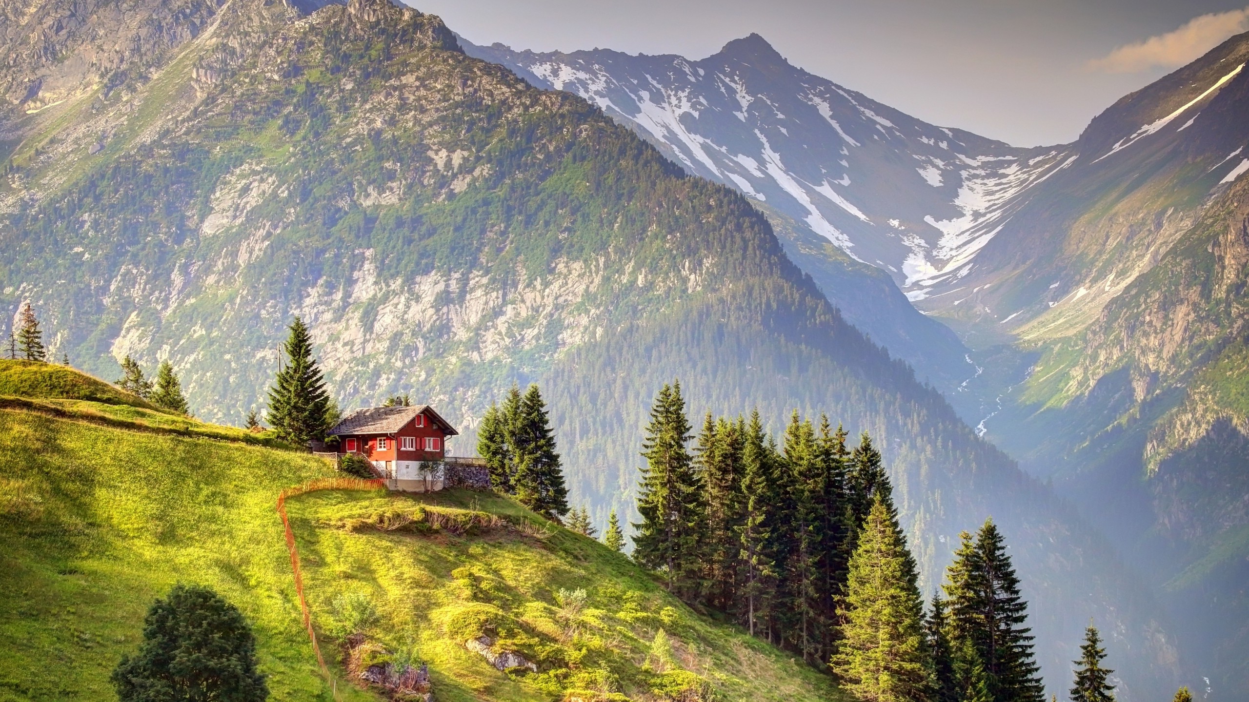 nature, Landscape, Trees, Forest, House, Mountain, Hill, Field, Grass, Snowy Peak, Switzerland, Pine Trees, Valley, Fence, Clouds Wallpaper