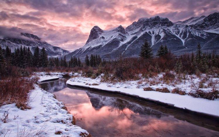 nature, Landscape, Snow, Winter, River, Mountain, Trees HD Wallpaper Desktop Background