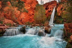 nature, Landscape, Waterfall, Red, Rock, Arizona, Trees, Pond, Cliff, Blue, Picnic, Erosion