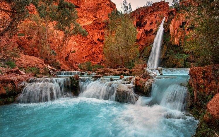 nature, Landscape, Waterfall, Red, Rock, Arizona, Trees, Pond, Cliff, Blue, Picnic, Erosion HD Wallpaper Desktop Background