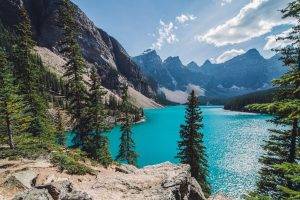 nature, Landscape, Moraine Lake, Canada, Mountain, Forest, Summer, Turquoise, Water, Trees