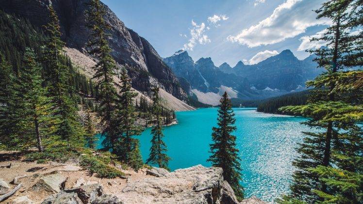 nature, Landscape, Moraine Lake, Canada, Mountain, Forest, Summer, Turquoise, Water, Trees HD Wallpaper Desktop Background