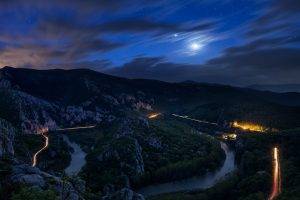 nature, Landscape, Trees, Forest, Water, River, Sky, Clouds, Night, Bulgaria, Mountain, Valley, Moon, Stars, Lights, Light Trails, Rock, Long Exposure, Road