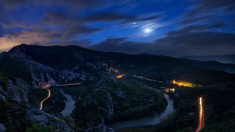 nature, Landscape, Trees, Forest, Water, River, Sky, Clouds, Night, Bulgaria, Mountain, Valley, Moon, Stars, Lights, Light Trails, Rock, Long Exposure, Road HD Wallpaper Desktop Background