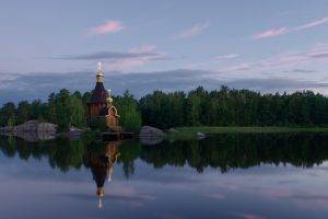 nature, Landscape, Trees, Forest, Water, River, Sky, Clouds, Cross, Church, Rock, Reflection, Russia