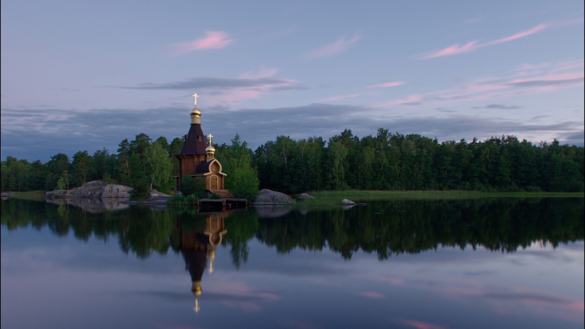 nature, Landscape, Trees, Forest, Water, River, Sky, Clouds, Cross, Church, Rock, Reflection, Russia Wallpaper