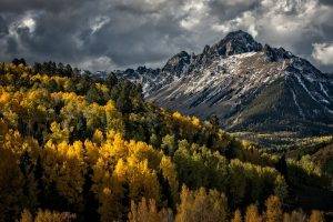 nature, Landscape, Forest, Mountain, Clouds, Fall, Valley, Trees, Snowy Peak
