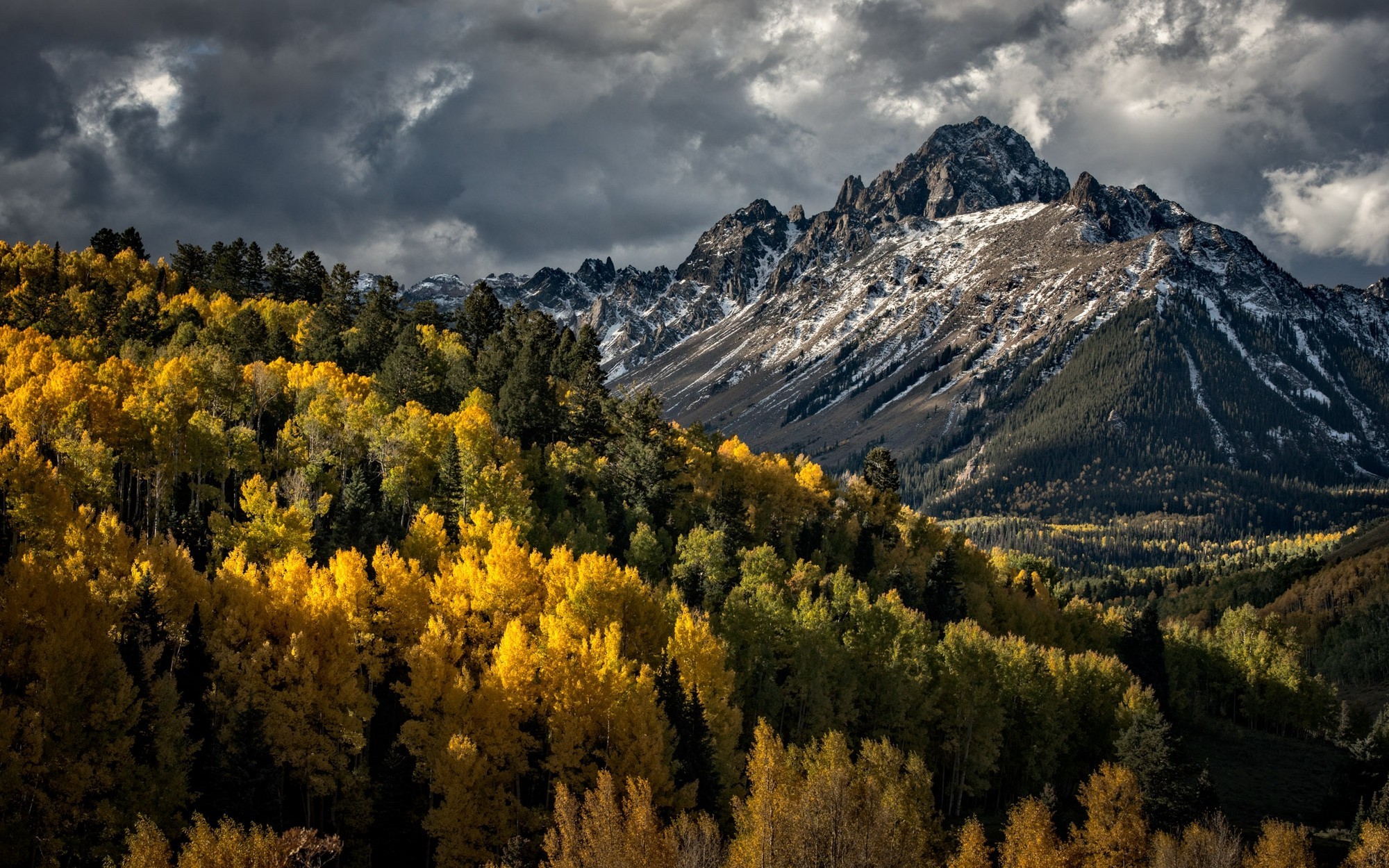 nature, Landscape, Forest, Mountain, Clouds, Fall, Valley, Trees, Snowy Peak Wallpaper