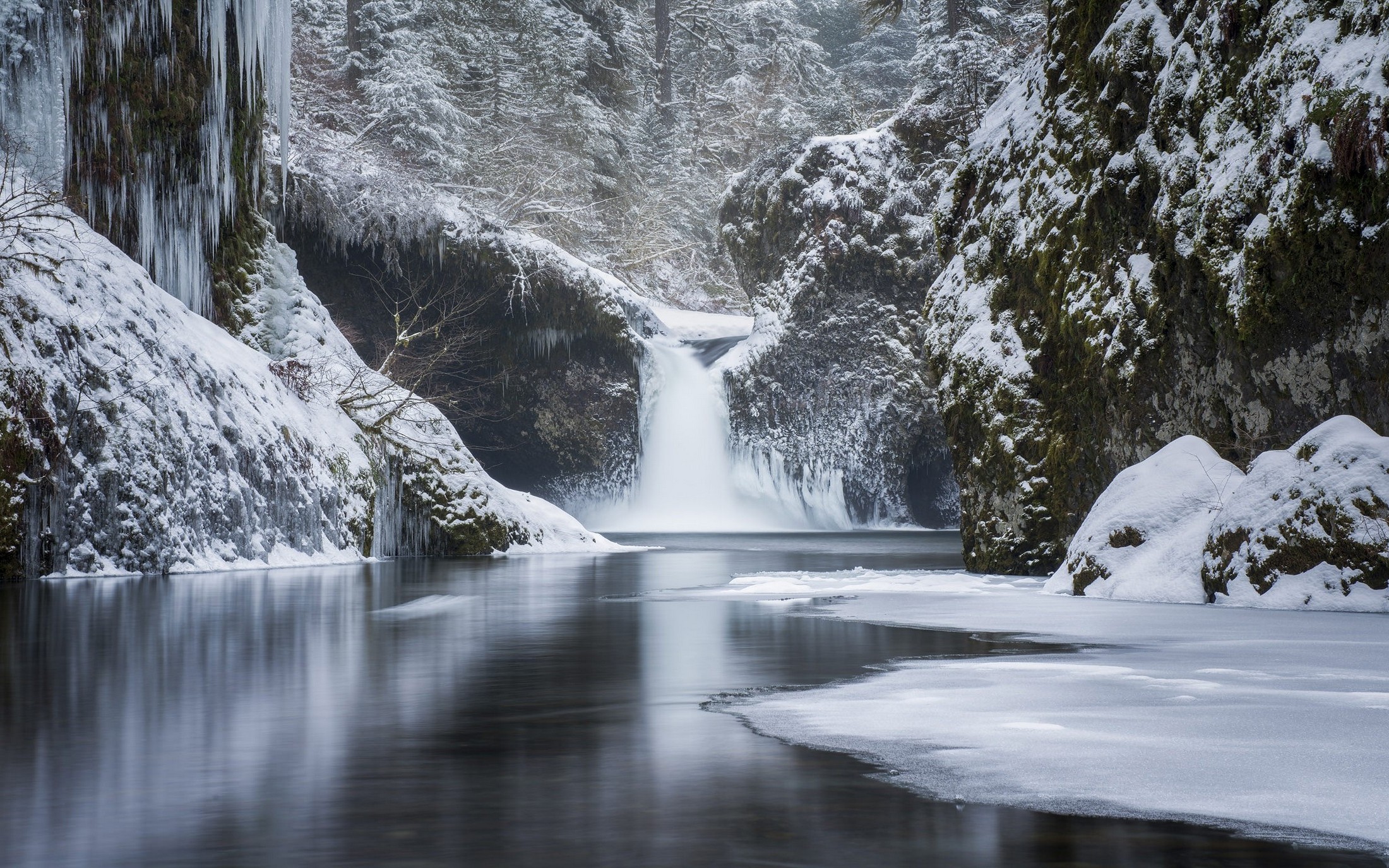 водопад снег лес waterfall snow forest без смс