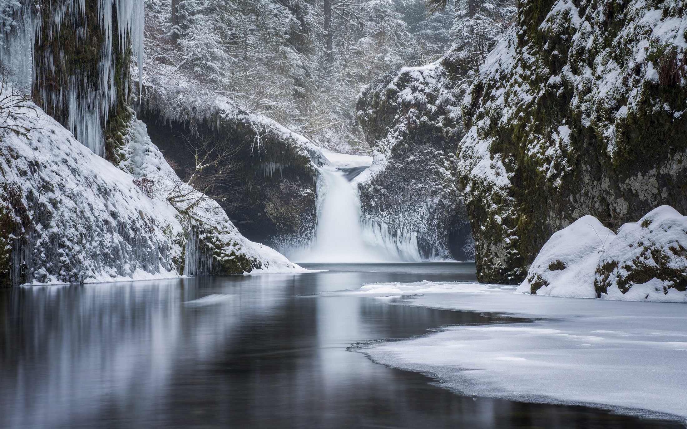 nature, Landscape, Forest, Mountain, Waterfall, River, Snow, Winter