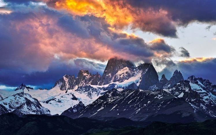 nature, Landscape, Mountain, Sunset, Clouds, Snowy Peak, Sky HD Wallpaper Desktop Background