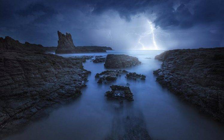 nature, Landscape, Coast, Rock, Storm, Lightning, Clouds, Sea, Sky, Blue HD Wallpaper Desktop Background
