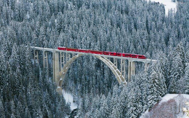 nature, Landscape, Winter, Bridge, Train, Forest, River, Switzerland, Cold, Snow, Trees HD Wallpaper Desktop Background