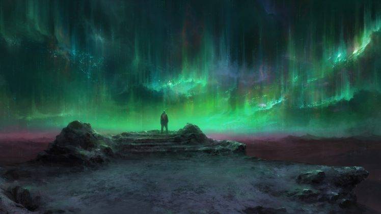 aurorae, Green, Landscape, Fantasy Art HD Wallpaper Desktop Background