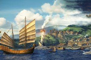 digital Art, Water, Sea, Nature, Clouds, Fantasy Art, The Elder Scrolls III: Morrowind, Video Games, House, Smoke, Lighthouse, Hill, Mountain, Birds, Mushroom, Mist, Rock