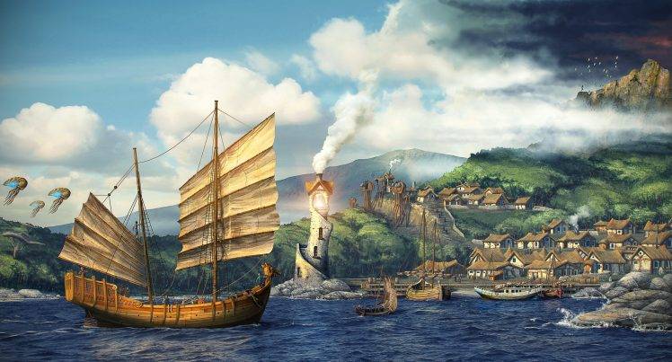 digital Art, Water, Sea, Nature, Clouds, Fantasy Art, The Elder Scrolls III: Morrowind, Video Games, House, Smoke, Lighthouse, Hill, Mountain, Birds, Mushroom, Mist, Rock HD Wallpaper Desktop Background