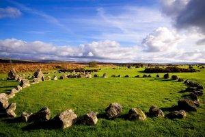 landscape, Sky, Clouds, Horizon, Ireland, Rock, Stones, Trees, Grass, Ancient