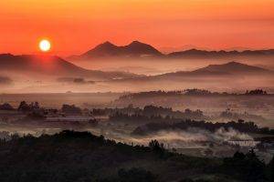 nature, Landscape, Sunrise, Pink, Sky, Mist, Valley, South Korea, Mountain, Town, Morning