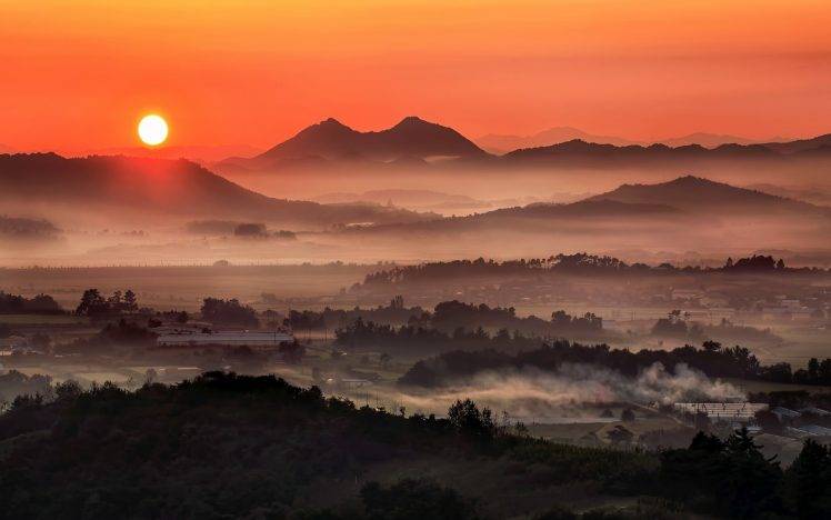 nature, Landscape, Sunrise, Pink, Sky, Mist, Valley, South Korea, Mountain, Town, Morning HD Wallpaper Desktop Background