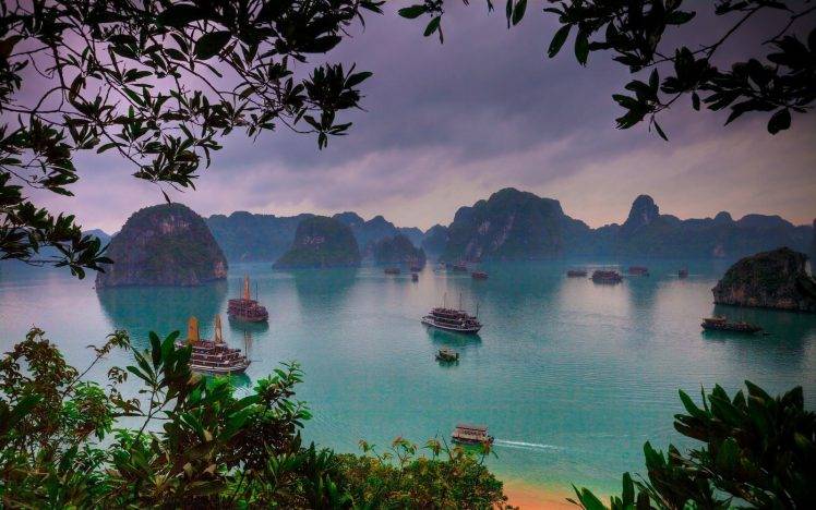 landscape, Ha Long Bay, Vietnam, Nature, Sea, Ship, Tropical, Beach, Island, Mountain, Sunrise, Trees, Morning HD Wallpaper Desktop Background