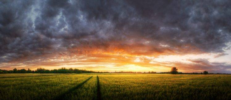 panoramas, Sunset, Nature, Sky, Clouds, Field, Landscape, Trees, Colorful HD Wallpaper Desktop Background