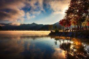 nature, Landscape, Lake, Mountain, Water, Reflection, Sunrise, Mist, Trees, Clouds, Fall