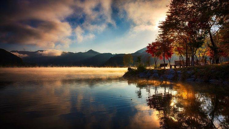 nature, Landscape, Lake, Mountain, Water, Reflection, Sunrise, Mist, Trees, Clouds, Fall HD Wallpaper Desktop Background