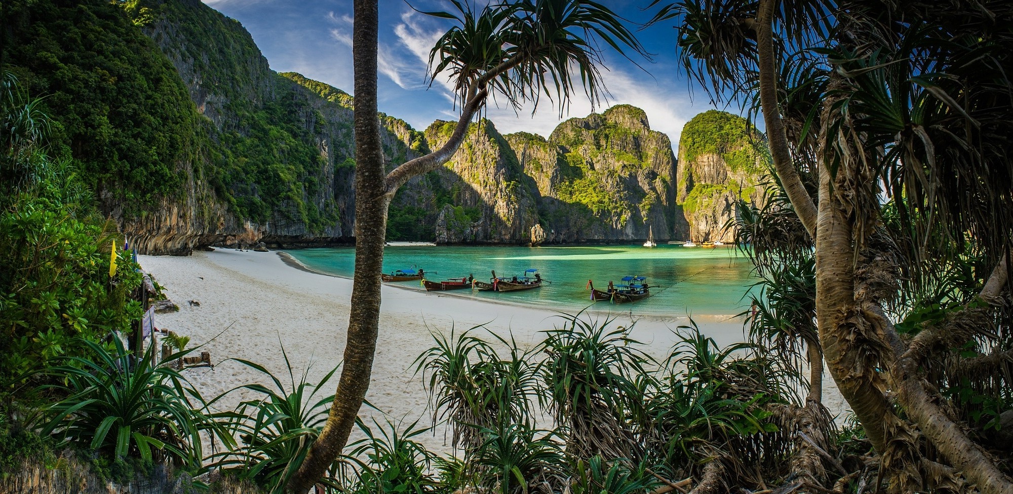 nature, Landscape, Beach, White, Sand, Trees, Shrubs, Tropical, Boat, Morning, Sea, Rock, Limestone, Turquoise, Water, Thailand Wallpaper